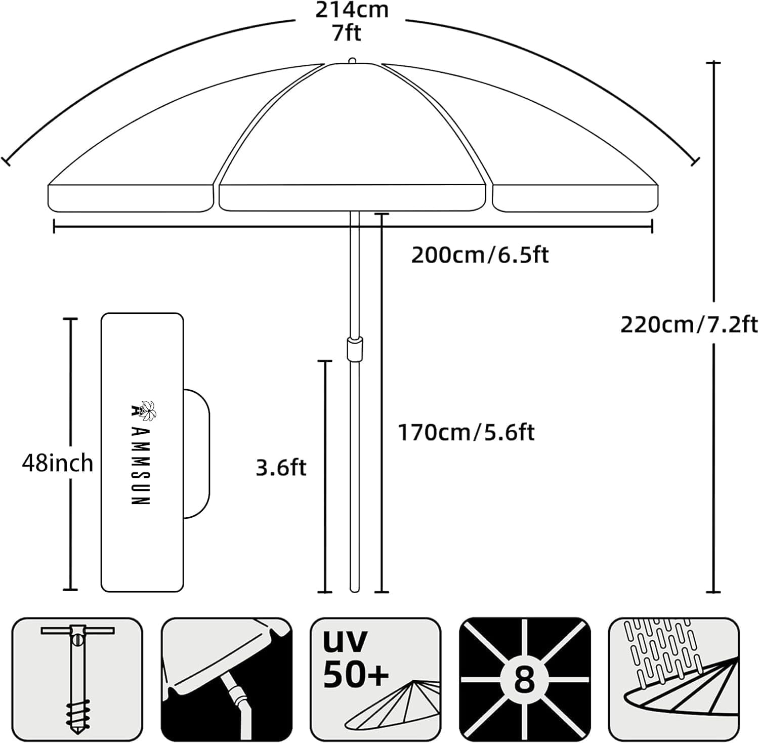 AMMSUN 7ft Beach Umbrella with Sand Anchor Sand Screw, Tilt, Windproof, Sun Protection,UPF 50+ Silver Coating Inside and Telescoping Pole for Outdoor Patio (Solid Navy)