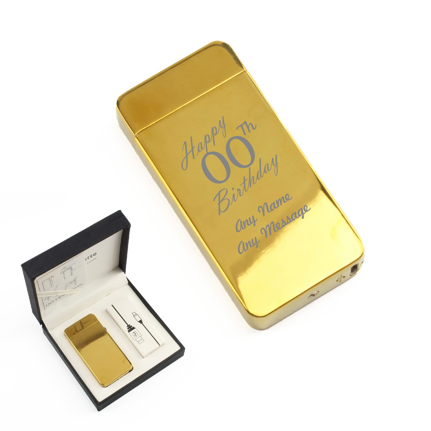 Personalised Engraved Reflective Gold Electric Lighter, Arc Lighter, Comes with Presentation Box, USB Rechargeable, Happy Custom Number Design, Gift for Him, Engraved in The UK