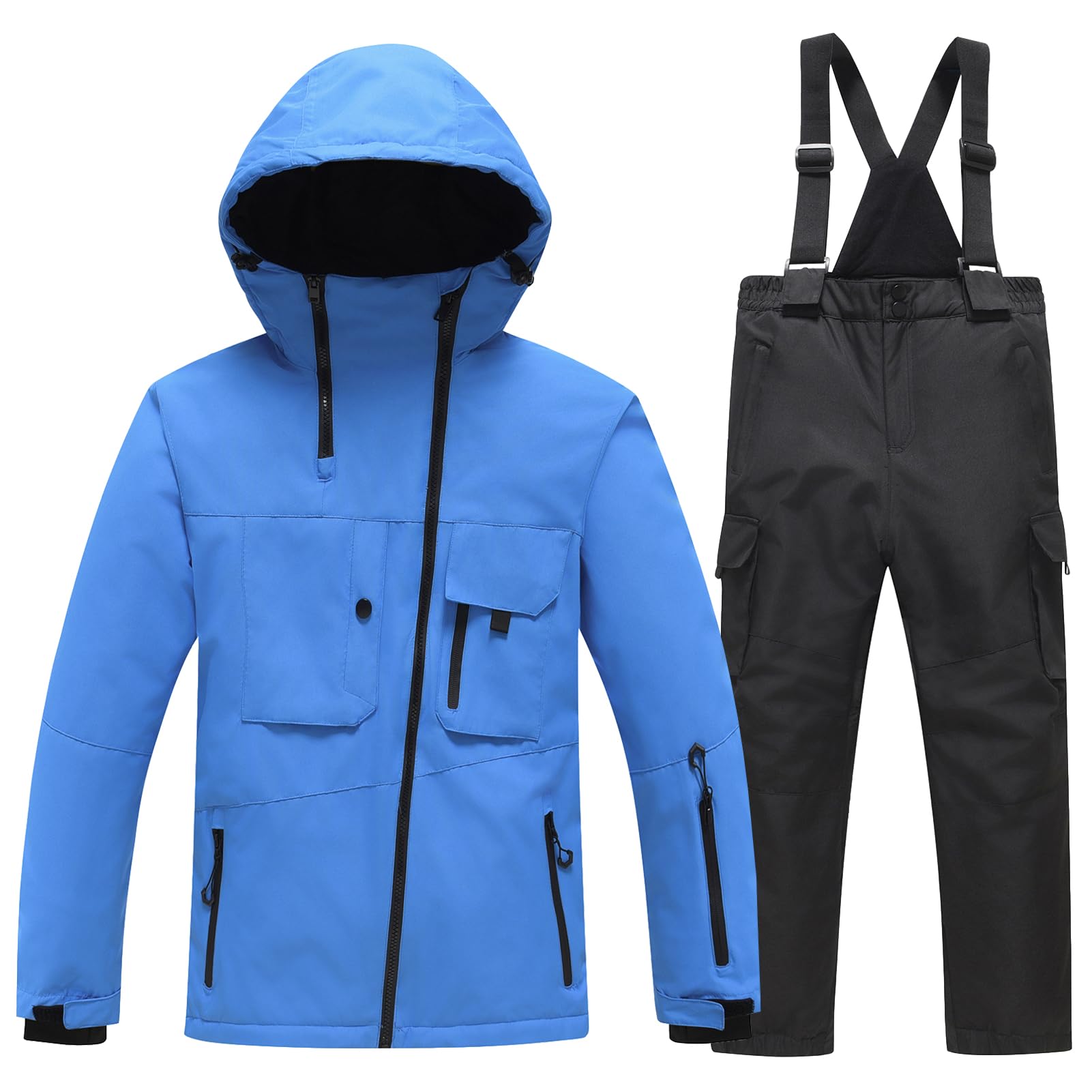 Skianzug Jungen mit Kapuze Winddicht und Wasserdichter Schneeanzug Mädchen Skianzug Zweiteilig Kinder Warme Skijacke + Skihose