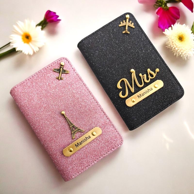 Image of Personalised Glitered Name Passport Cover Combo Pack| Combo Pack of 2 | Passport Cover for Womens and Girls| Gift Pack|Travel Assessories Peach & Black