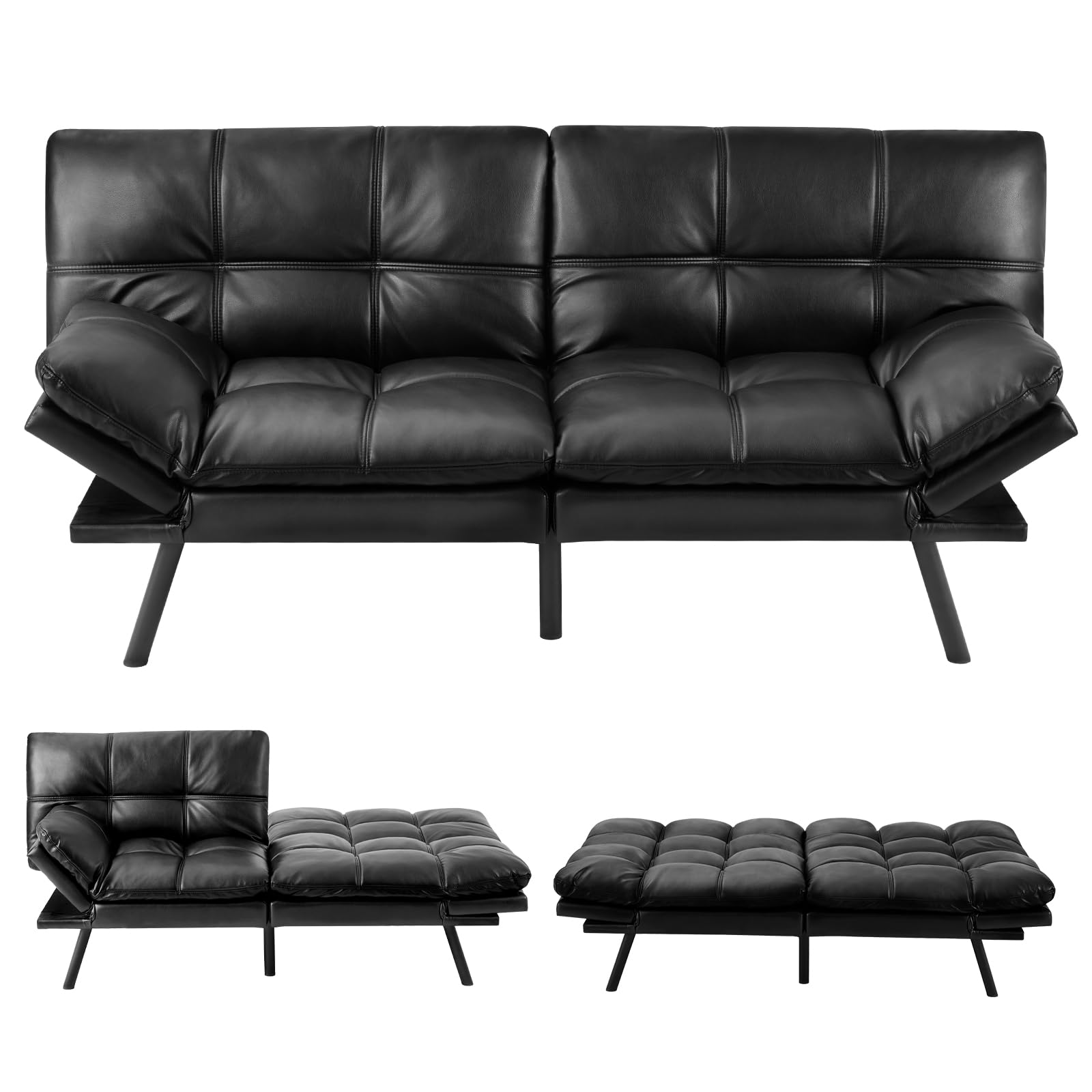 Folding Futon Bed Black Couch with Adjustable Armrests, Queen Sleeper Sofa Loveseat for Living Room Home Studio Apartment Office Compact