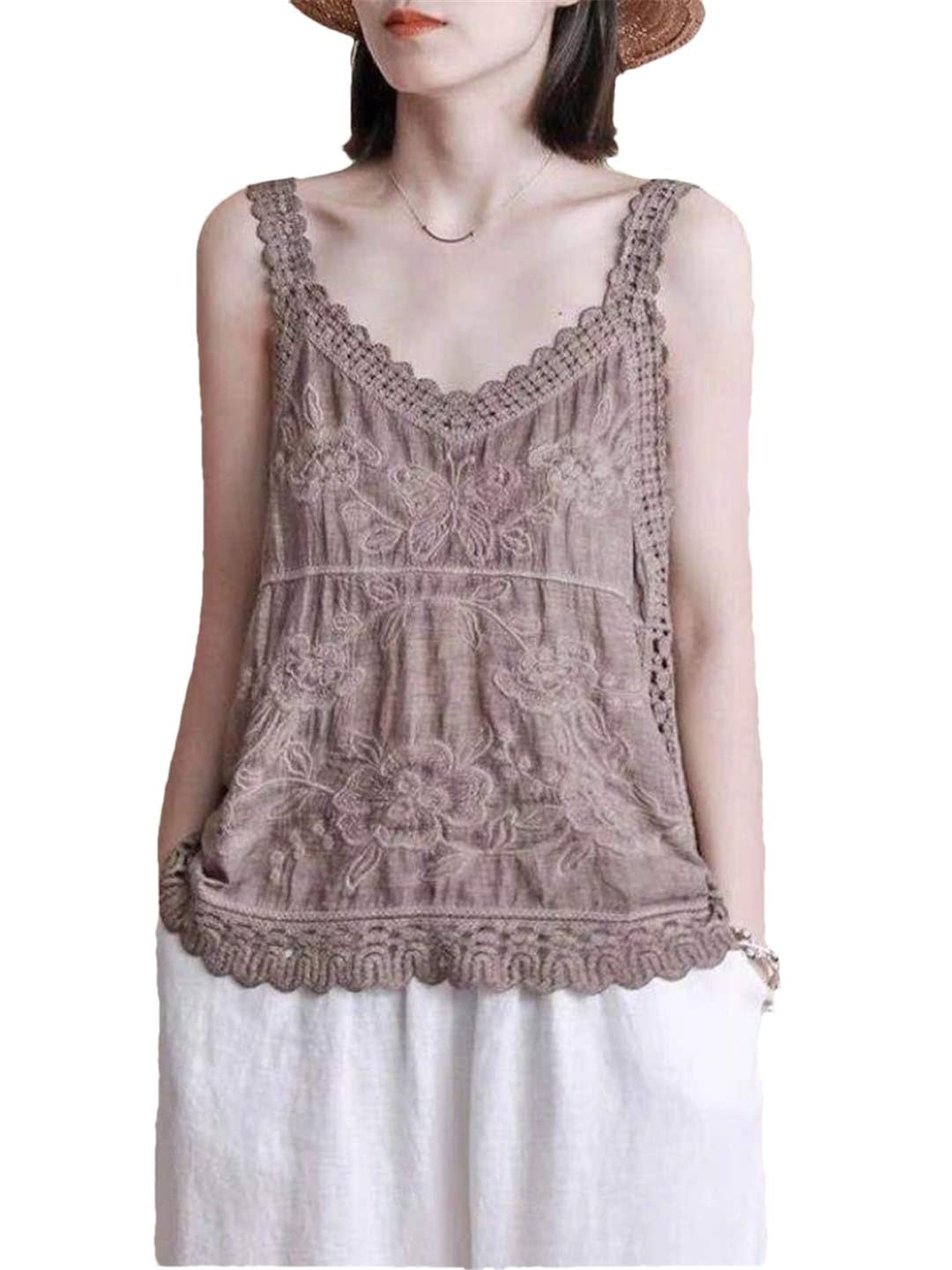 Lmtossey Primavera ed estate Spaghetti Strap Top Donne Senza Maniche Scollo a V Ricamo Floreale Top Tubo Bianco Top