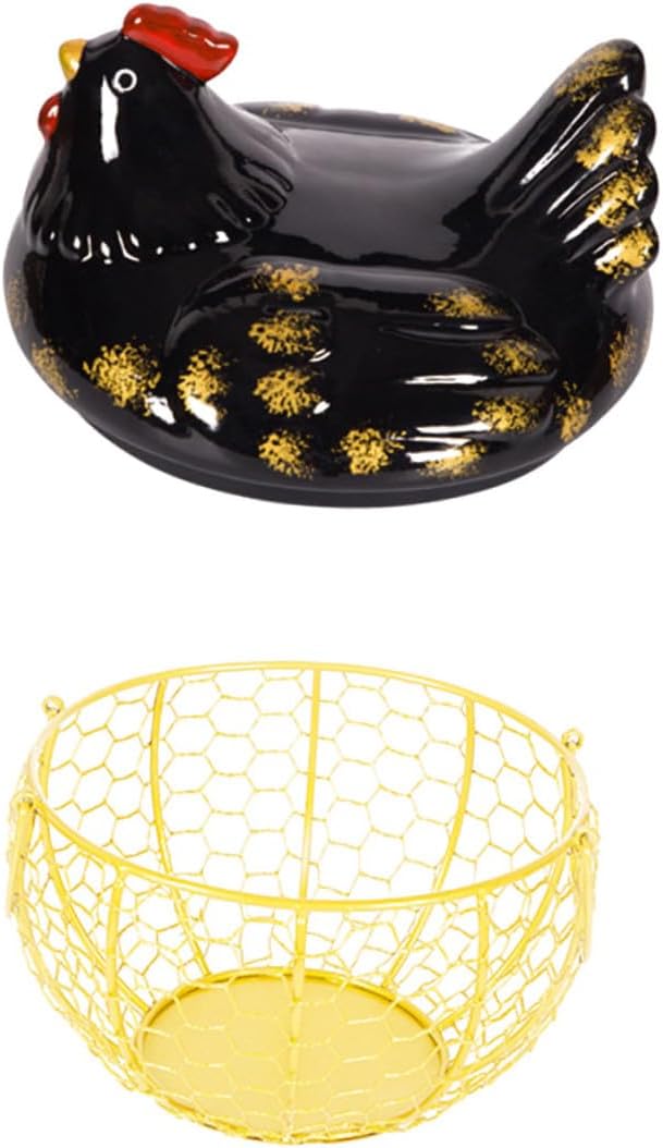 BESPORTBLE Farmhouse Iron Art Egg Basket with Black Chicken Lid and Gold Wire Frame, Chicken-shaped Egg Holder for Kitchen Countertop Storage and Food Organization