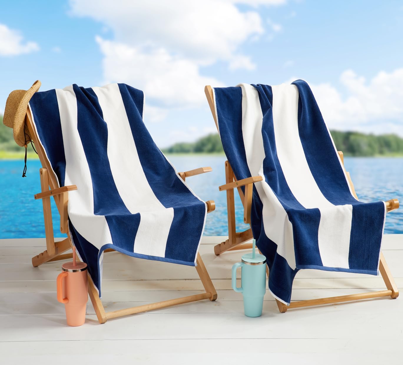 Loon & Lake Sand Resistant Beach Towels Set of 2 | Waffle Weave Reverse to Plush Velour Block Stripe | 2 Pack 30" x 60" | Crafted from 100% Combed Cotton | Wolfeboro Collection - Navy Blue - Image 6