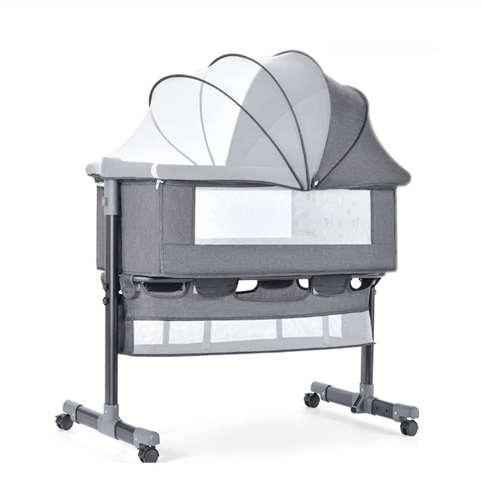 TDOO Baby Bedside Crib, Baby Bassinet With Large Storage Basket, Folding Newborn Bedside Sleeper, Portable Infant Travel Crib W/Side Mesh, Adjustable Height/Angle, Soft Mattress 360° Swivel Wheels