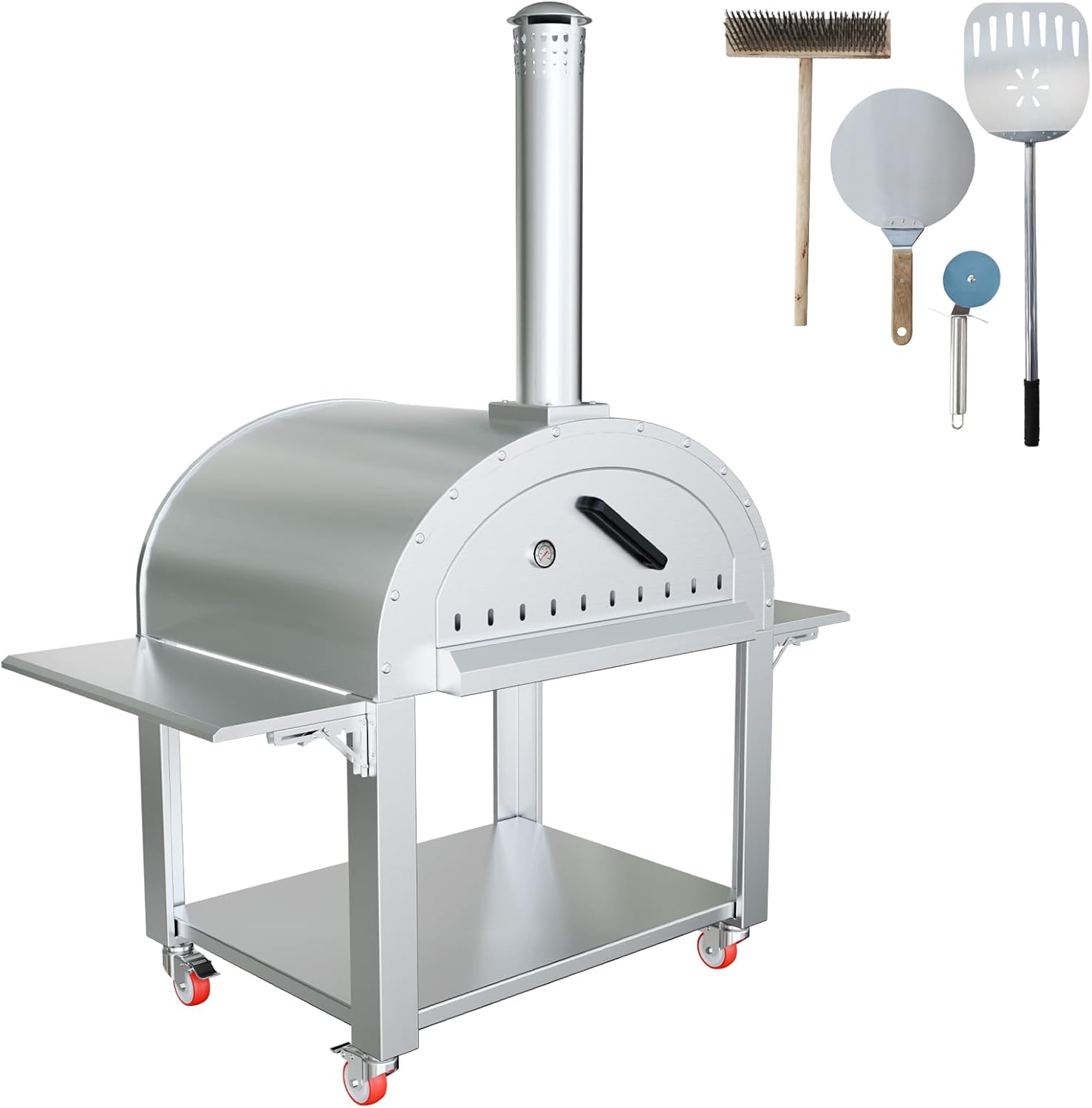 Wood-Fired Outdoor Pizza Oven - Stainless Steel 2-Layer,Portable Stainless Steel Charcoal Pizza Oven with Wheels for Backyard Parties, Camping - 44x32x80 inch