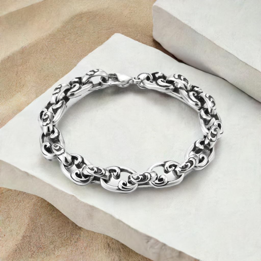 COOLSTEELANDBEYOND Mens Braided Link Chain Bracelet, Filigree Special Design, Stainless Steel, Vintage Oval Links