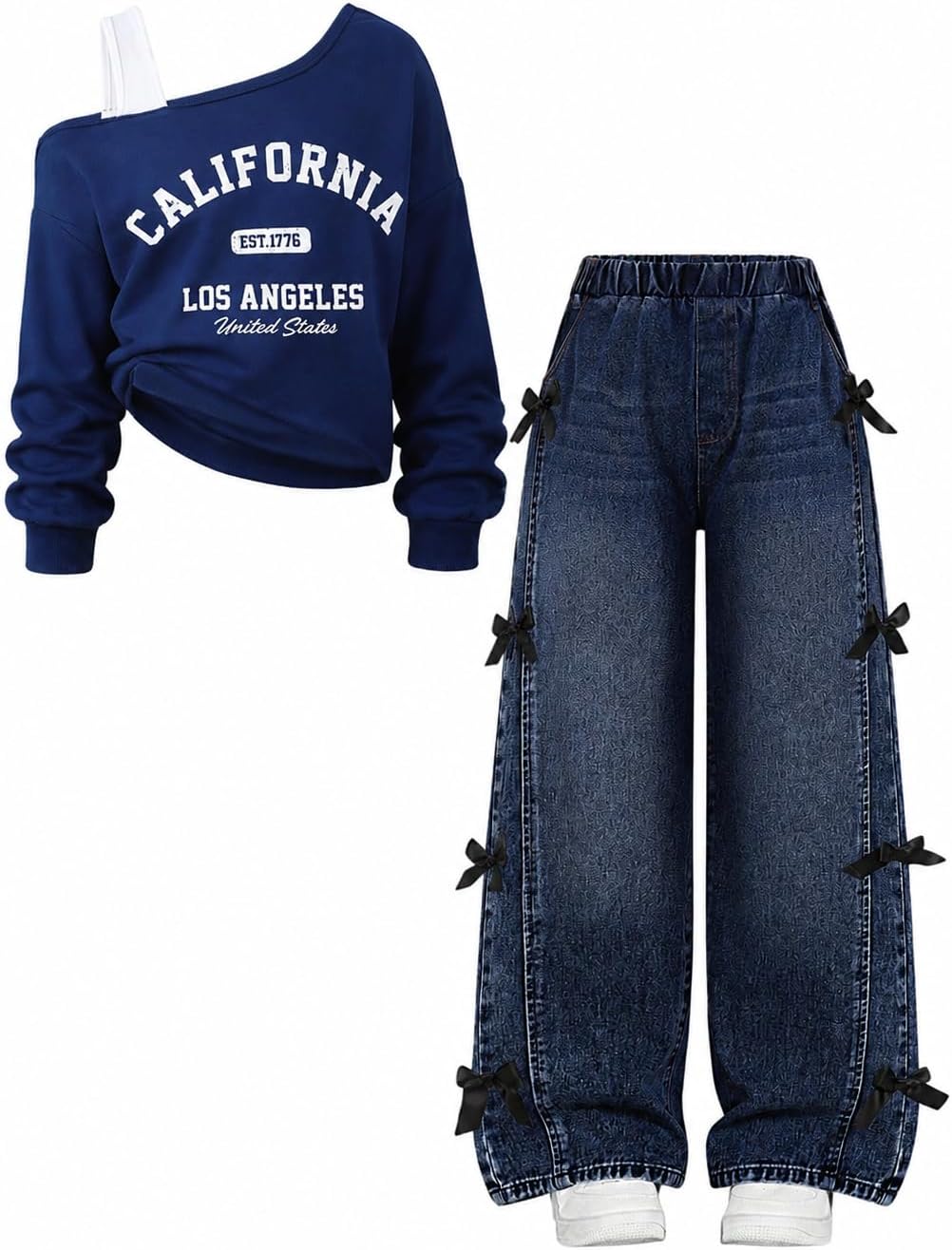 Tween Girl Outfit One Shoulder Sweatshirt and Wide Leg Jeans Set with Bow & Pockets Size 9-14