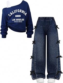 Tween Girl Outfit One Shoulder Sweatshirt and Wide Leg Jeans Set with Bow & Pockets Size 9-14