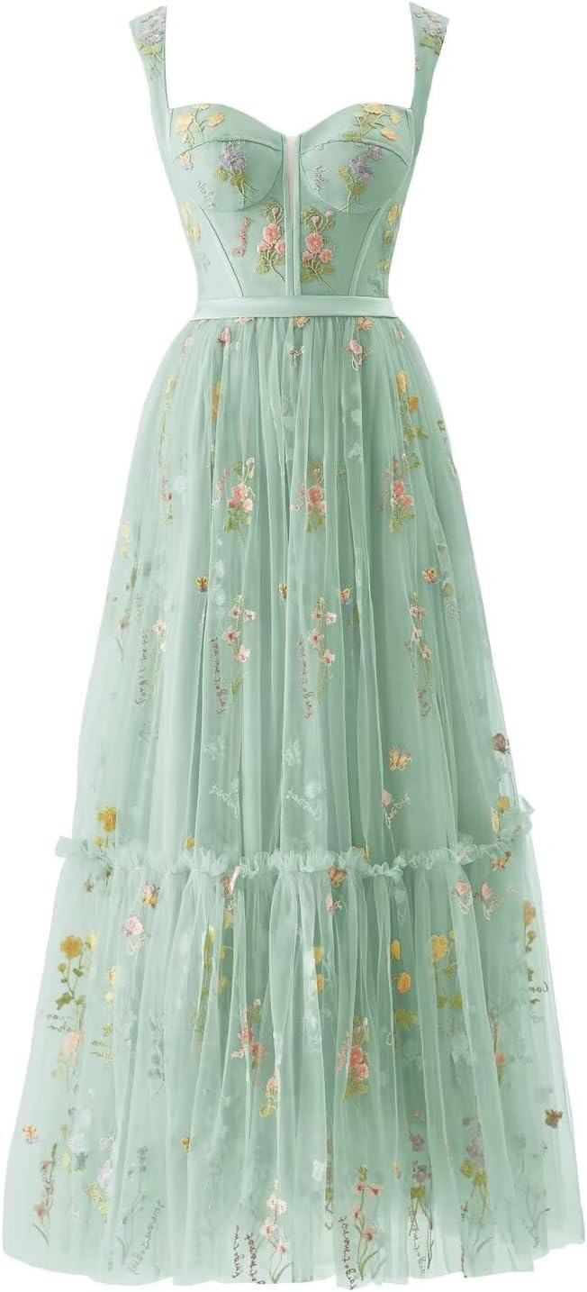 Baljurk voor dames, met geborduurde bloemen, tule, korset, lang, spaghettibandjes, ruches, feeachtige formele avondjurk, partyjurk. personaliseerbaar, zwart, 38