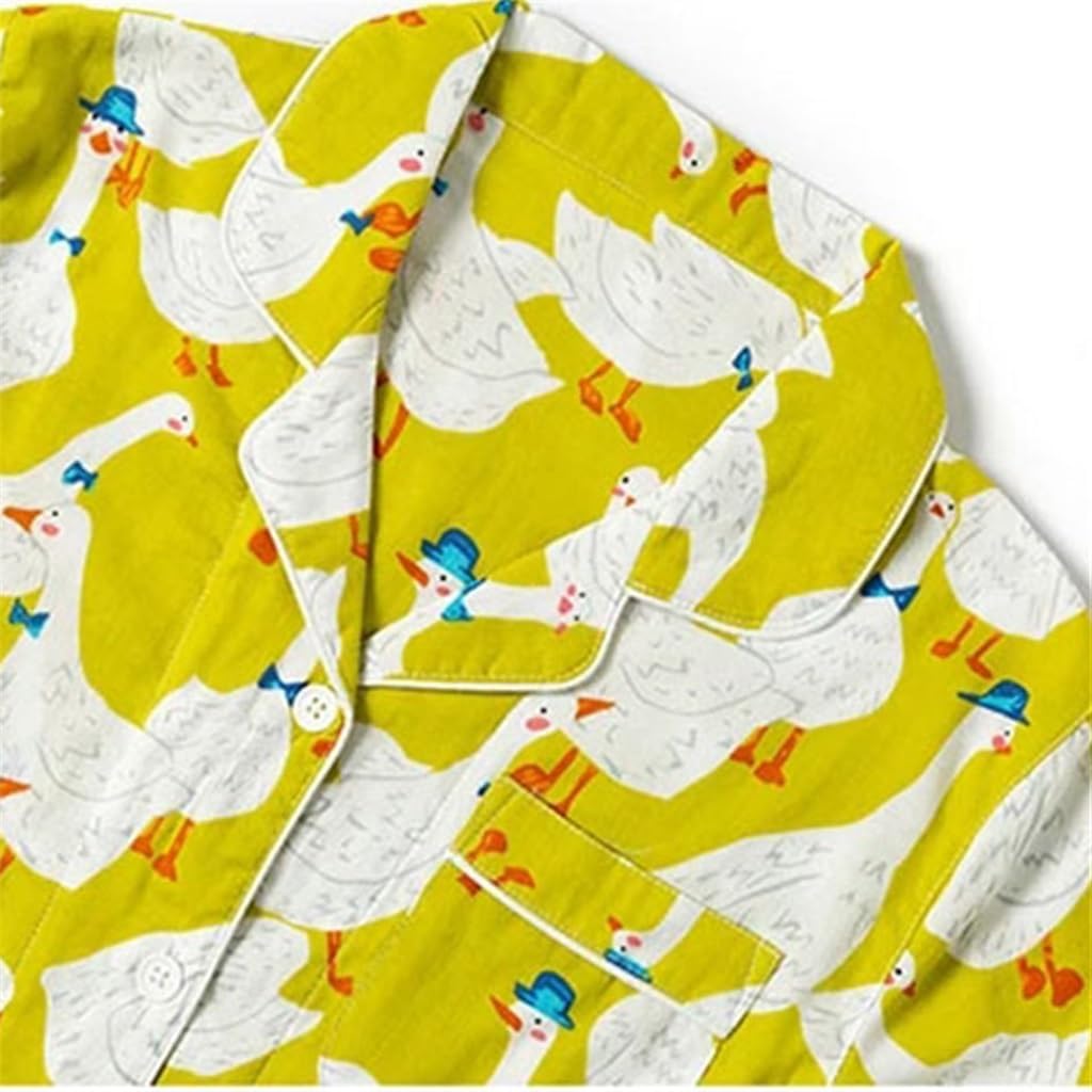 Spring Cotton Women's Pajamas Set Cartoon Goose Print Two Long-sleeved Tops With Loose Trousers