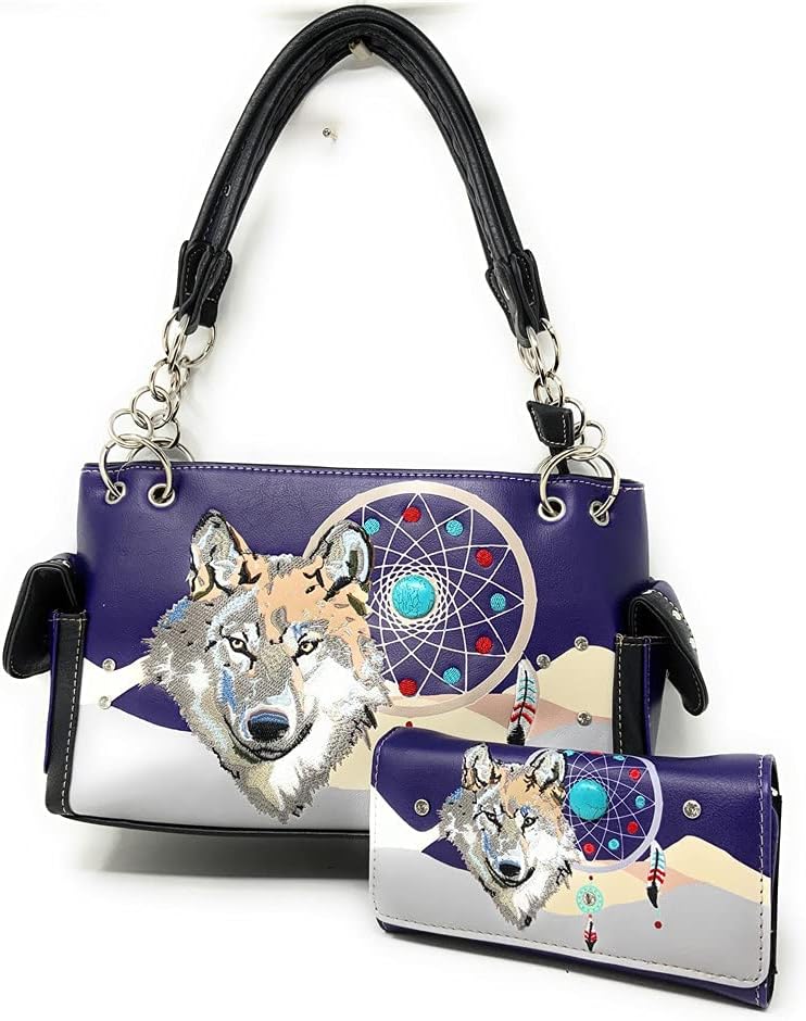 Western Wolf Dream Catcher Embroidery Feather Conceal Carry Women Handbag Purse in 5 colors