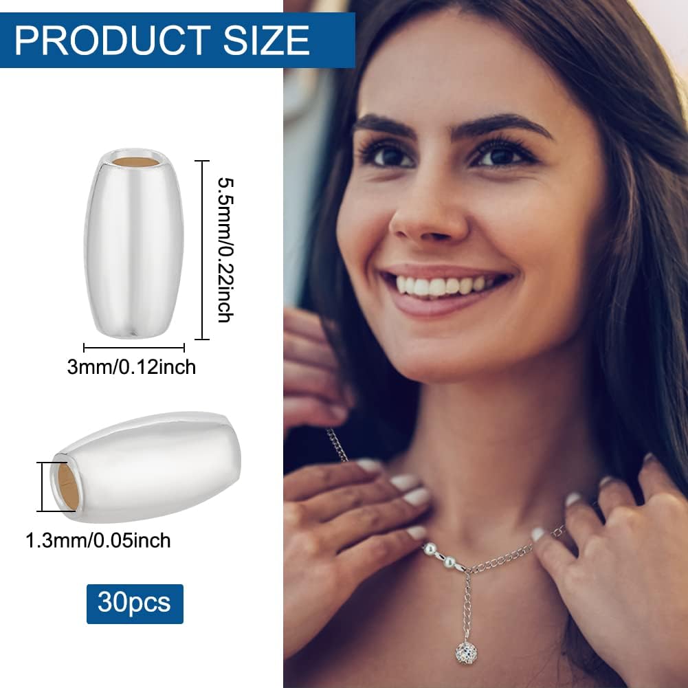 BENECREAT 30pcs Oval Rice Spacer Beads 925 Sterling Silver 5.5mm Small Seamless Oval Rice Spacer Beads Bright Metal Bead for DIY Bracelet Necklace Jewelry Making Accessories - Image 2