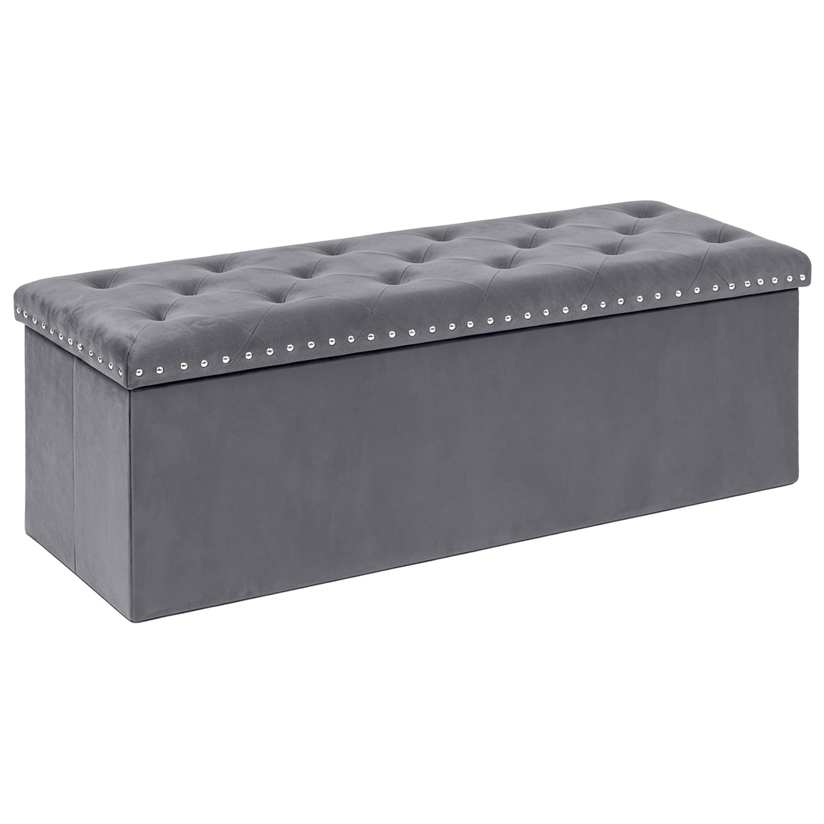 PINPLUS Klappbare Sitzbank mit Stauraum, Samt, 110x40x40 cm, Grau | Bettbank mit dickem Deckel, Truhenbank & Fußbank, große Aufbewahrung, platzsparend, für Wohnzimmer, Schlafzimmer, Diele