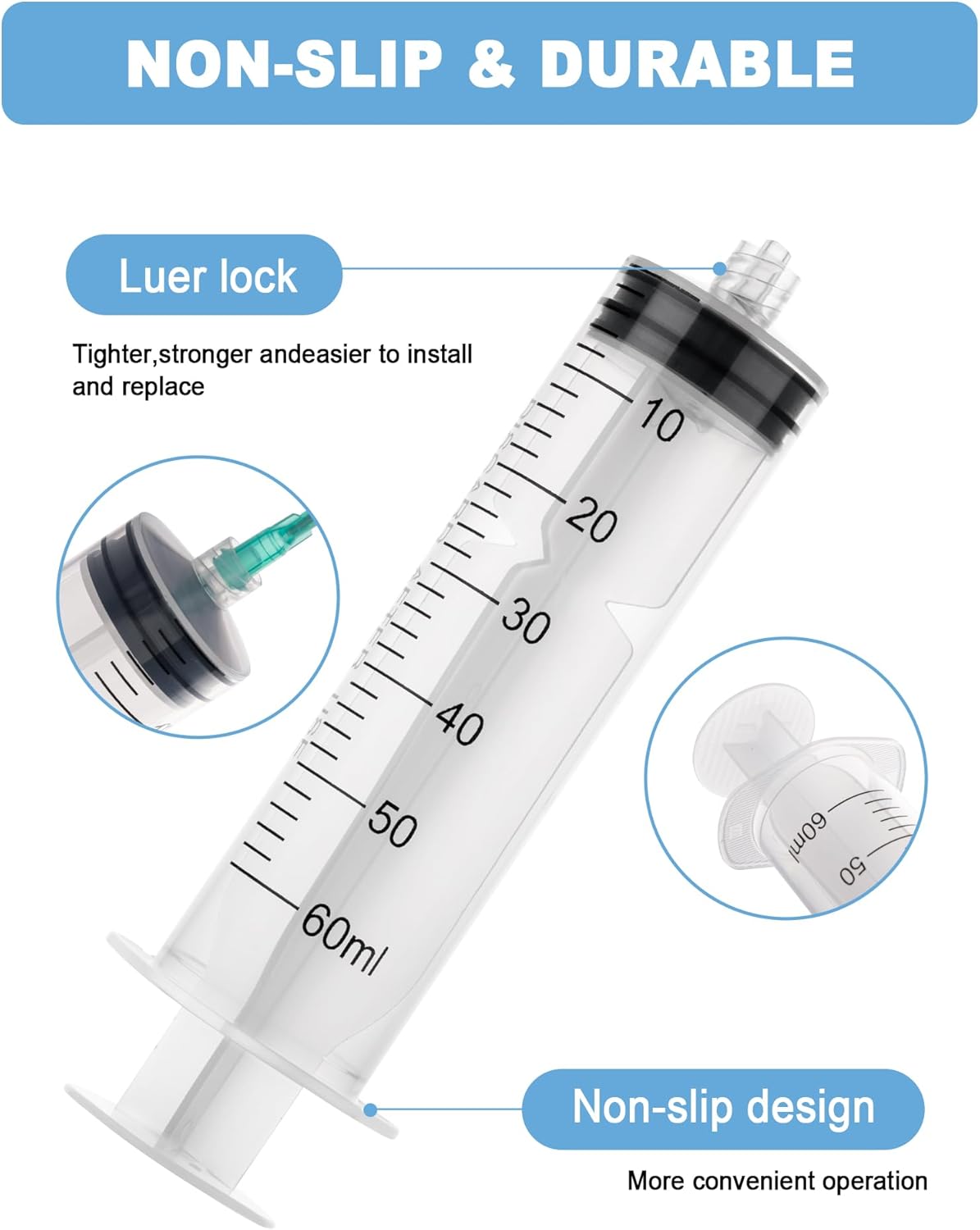 60mL Syringes without Needle, Luer Lock Big Syringe with Cap, Sterile Individually Wrapped, Accurate Liquid Measurement - 50 Pack for Lab Use and Home Care