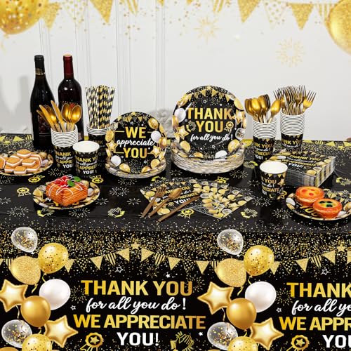 Image of Funnymoom 452 Pcs Black Gold We Appreciate You Decoration for 50, Thank You Paper Plates Napkins Cups Tablecloth Set for Administrative Professional Day Employee Teacher Volunteer Appreciation Supply