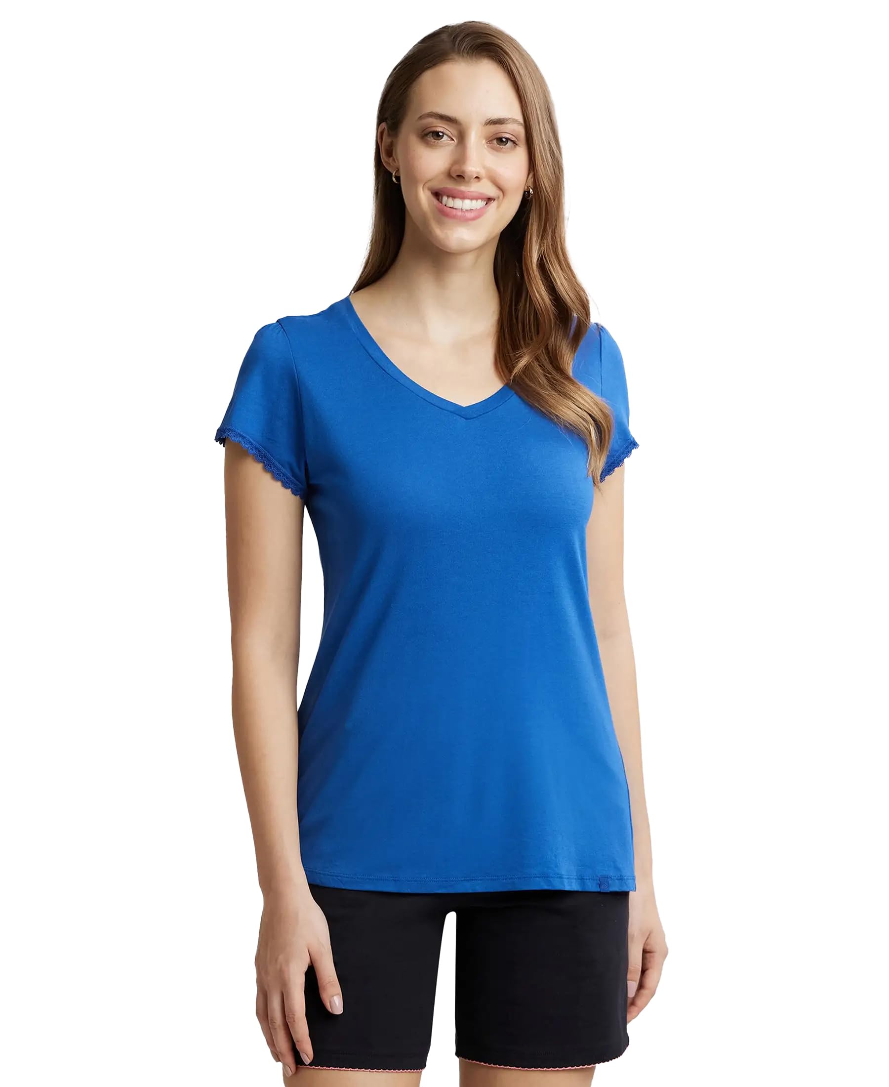 Jockey RX12 Women's Micro Modal Cotton Relaxed Fit Solid V Neck Half Sleeve T-Shirt with Lace Trim On Sleeves
