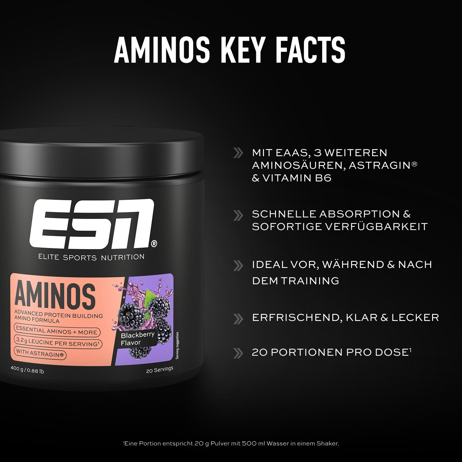ESN AMINOS, Blackberry, 400 g, feines Amino-Pulver mit essentiellen Aminosäuren & Astragin, 3,2 g Leucin pro Portion, ideale Löslichkeit, vegan - made in Germany