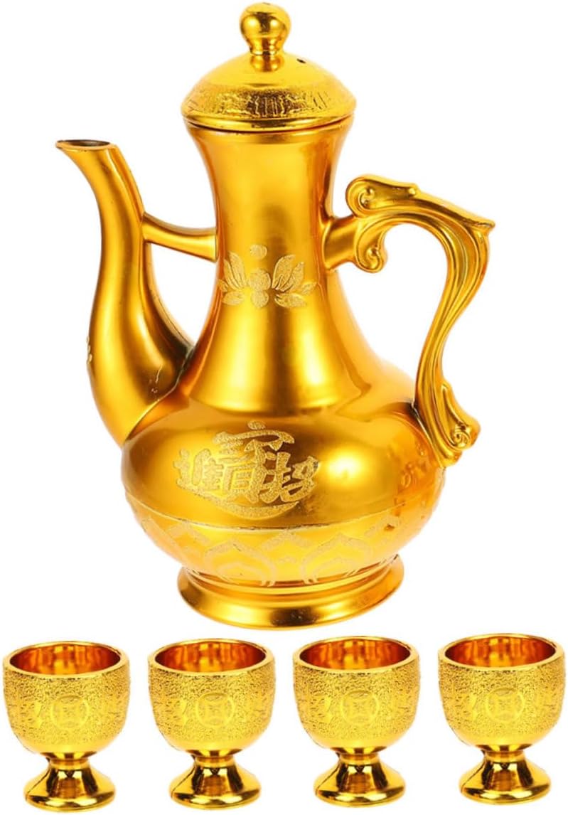 KICHOUSE Golden Lotus Worship Tea Pot Set with Cup and Bowl, Plastic