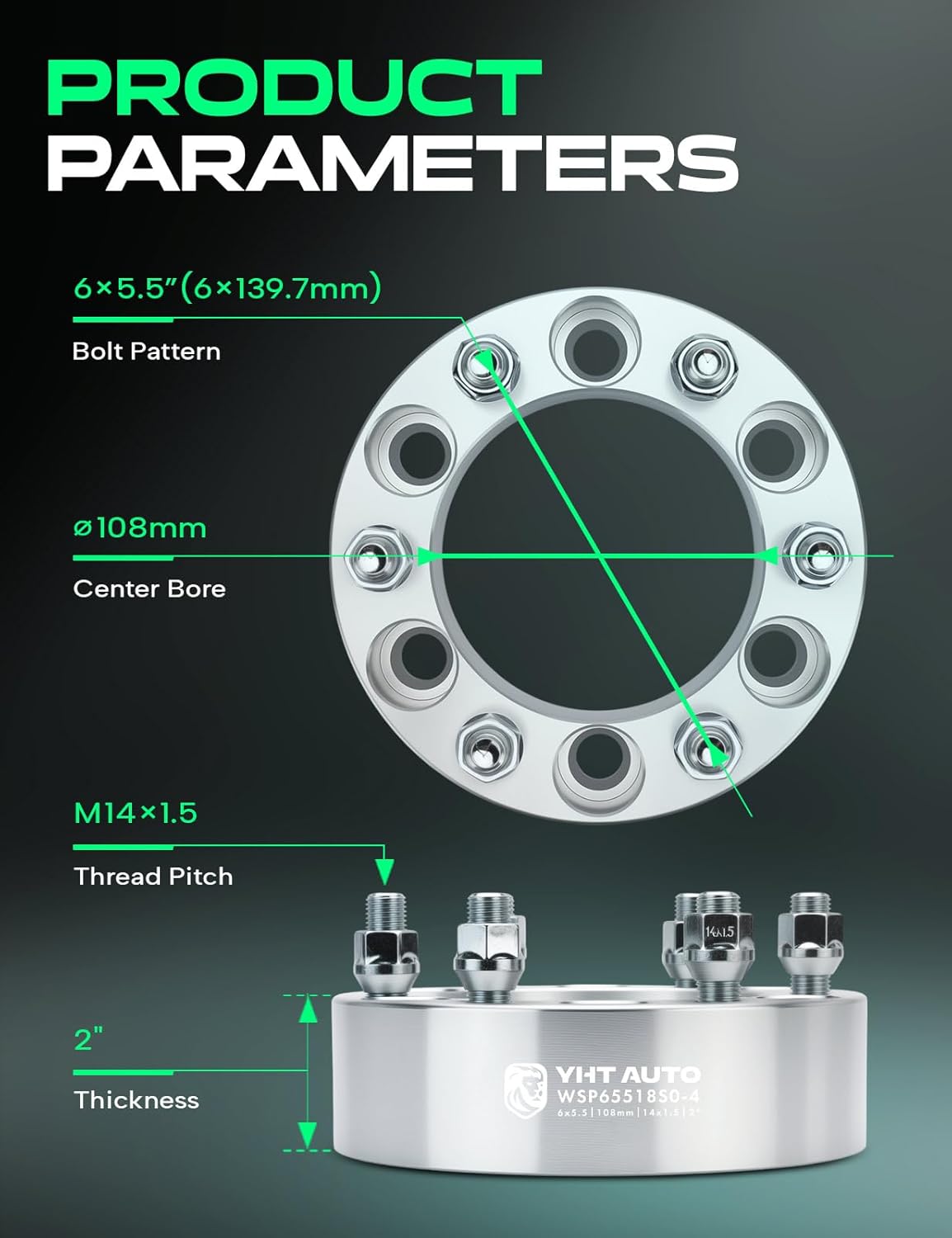 YHTAUTO 6x5.5 Wheel Spacers 2 inch Fits Chevrolet Silverado, Tahoe, C/K, GMC Sierra,Yukon, Cadillac Escalade, Forged 6x139.7mm Tire Spacers 50mm with M14x1.5 Studs 108mm Center Bore 4PCS, Silver