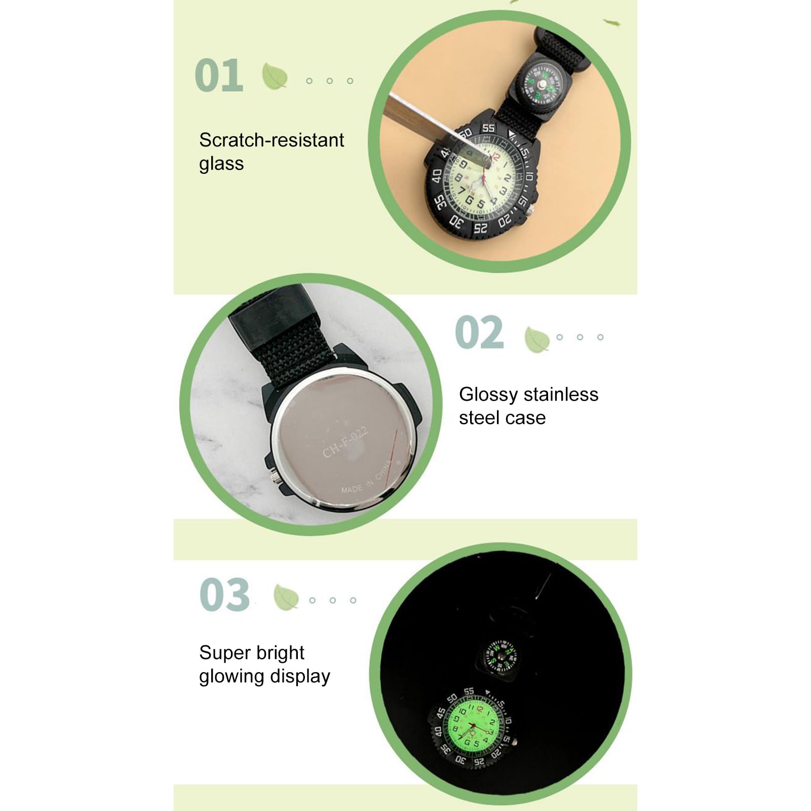 Montre à Glow Compass – Outil de Sport de Plein air, Horloge de Poche à Quartz étanche, Montre d'aventure avec Bracelet en Nylon | Idéal pour la randonnée, Le Camping, l'escalade, la natati