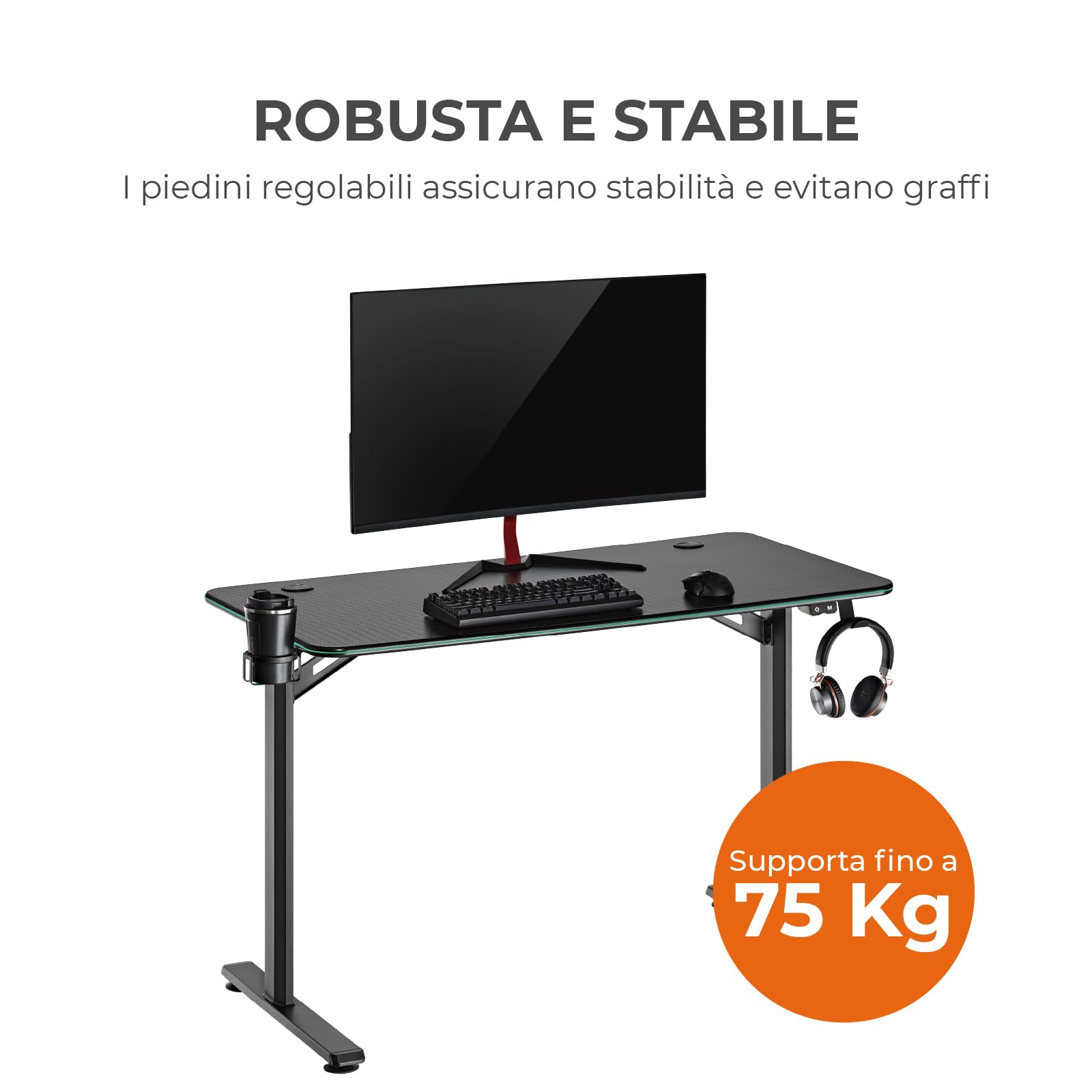 Noua Dot Scrivania Gaming RGB, Tavolo da Gioco Ergonomico, Postazione Gaming per PC Computer Monitor, Fori Passacavi, Portabicchieri e Gancio per Cuffie, 113x60x75 cm