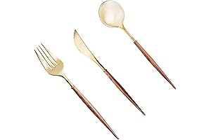 120Pcs Gold Disposable Cutlery, Premium Plastic Goldware with Wood Grain Handle