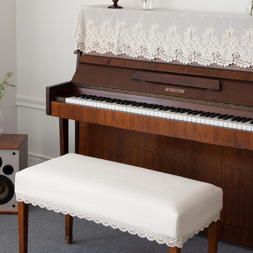 Upright Piano Cover – Elegant Embroidery, European-Style, 100% Cotton, Fits Digital Upright Pianos, Dust &Scratch Protection, 76x28.8 Inches (Ivory)