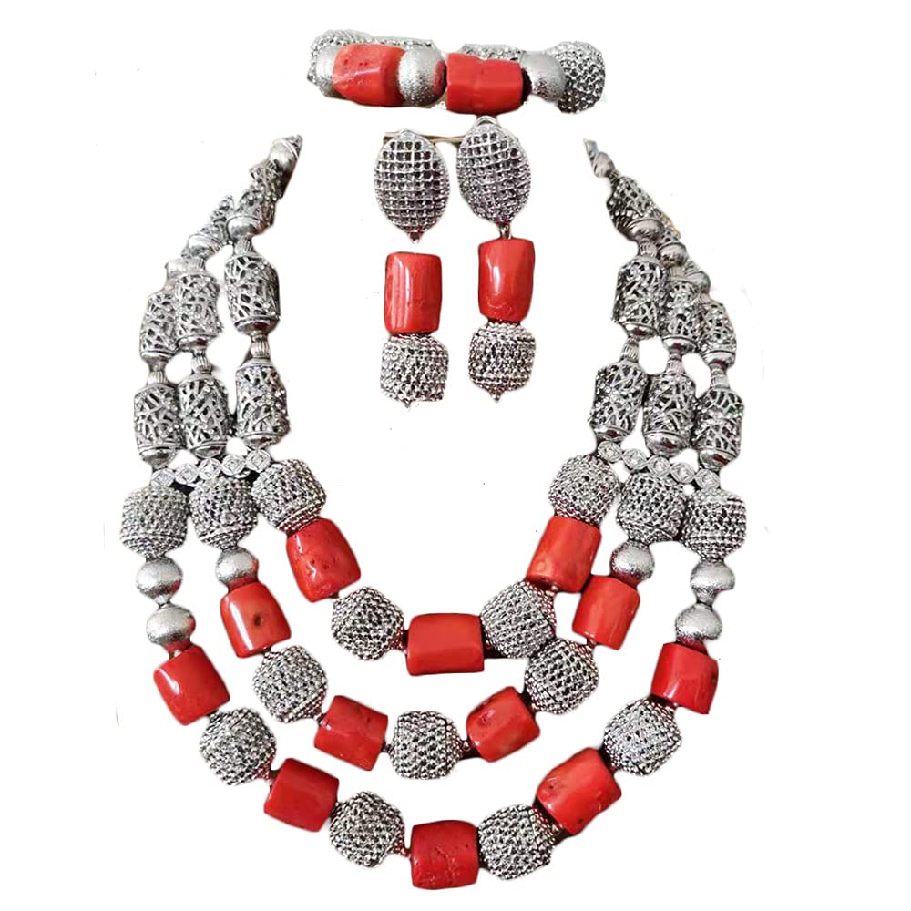 2021 Latest Coral Jewelry Sets Nigerian Dubai Necklace Sets Silver Beads African Bridal Jewelry Sets For Wedding (2)