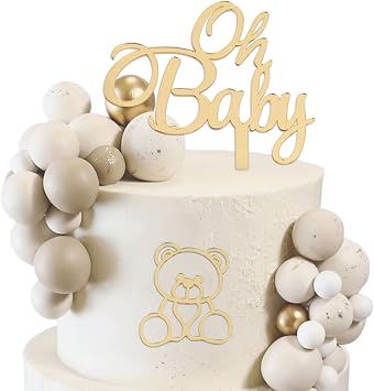 2 Piece Oh Baby Cake Topper Golden Bear Baby Cake Decoration, Acrylic Baby Party Decoration, Girl Boy Cake Topper, Baby Shower Cake Decoration