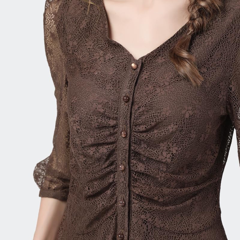 Nylon Sexy évider Femmes Dentelle Hauts été Mince col en v Sept Manches Chemises Vintage Floral Marron Haut (Noir S)