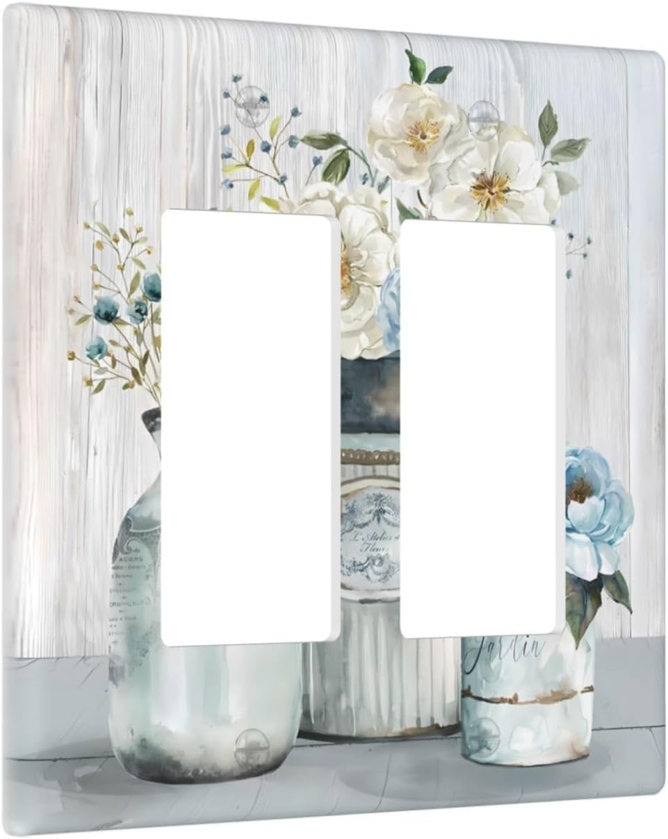 Rustic Farmhouse Floral Light Switch Cover Double Rocker 2 Gang Wall Plate Vintage Country Decorative Electrical Facplate for Bathroom Kitchen Home Decor Accessories 5" X 4.9"