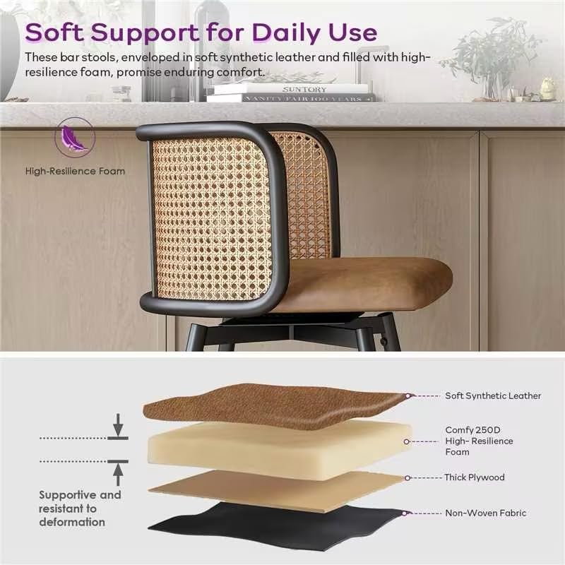 Image of 26 inch Swivel Rattan Bar Stools Set of 2, Counter Height Barstools, Brown | TYBOATLE, Farmhouse, Mid-Century Modern, Rattan Woven Back, Faux Leather Seat, Island, Kitchen