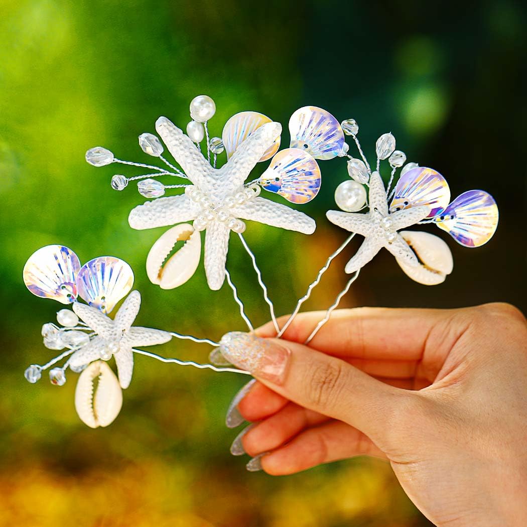 GORAIS Starfish Beach Wedding Hair Pins Bridal Hair Accessories Shell Hair Clips for Brides and Women (Pack of 3)
