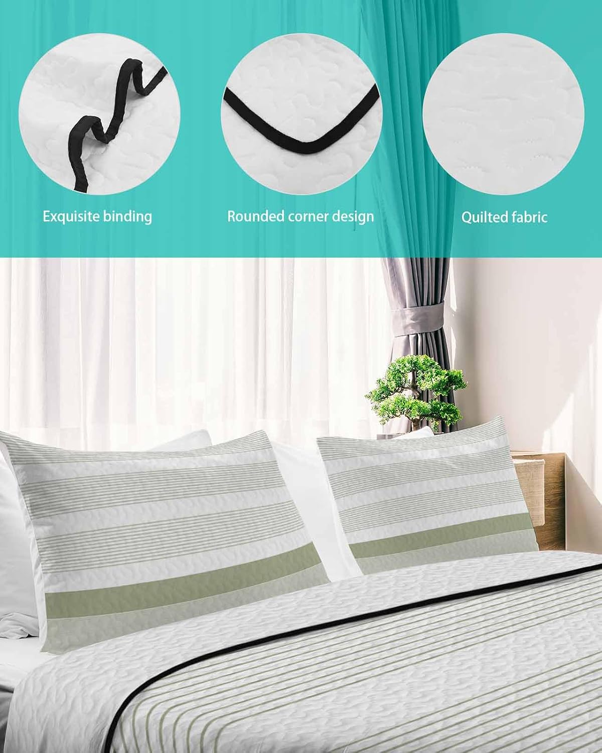 Full Size Quilt Set, Abstract Classic Stripes Lightweight Bedspread Coverlet Set Soft Microfiber Summer Quilt with 2 Pillow Shams, Sage Green Lines 3 Piece Comforter Bedding Set