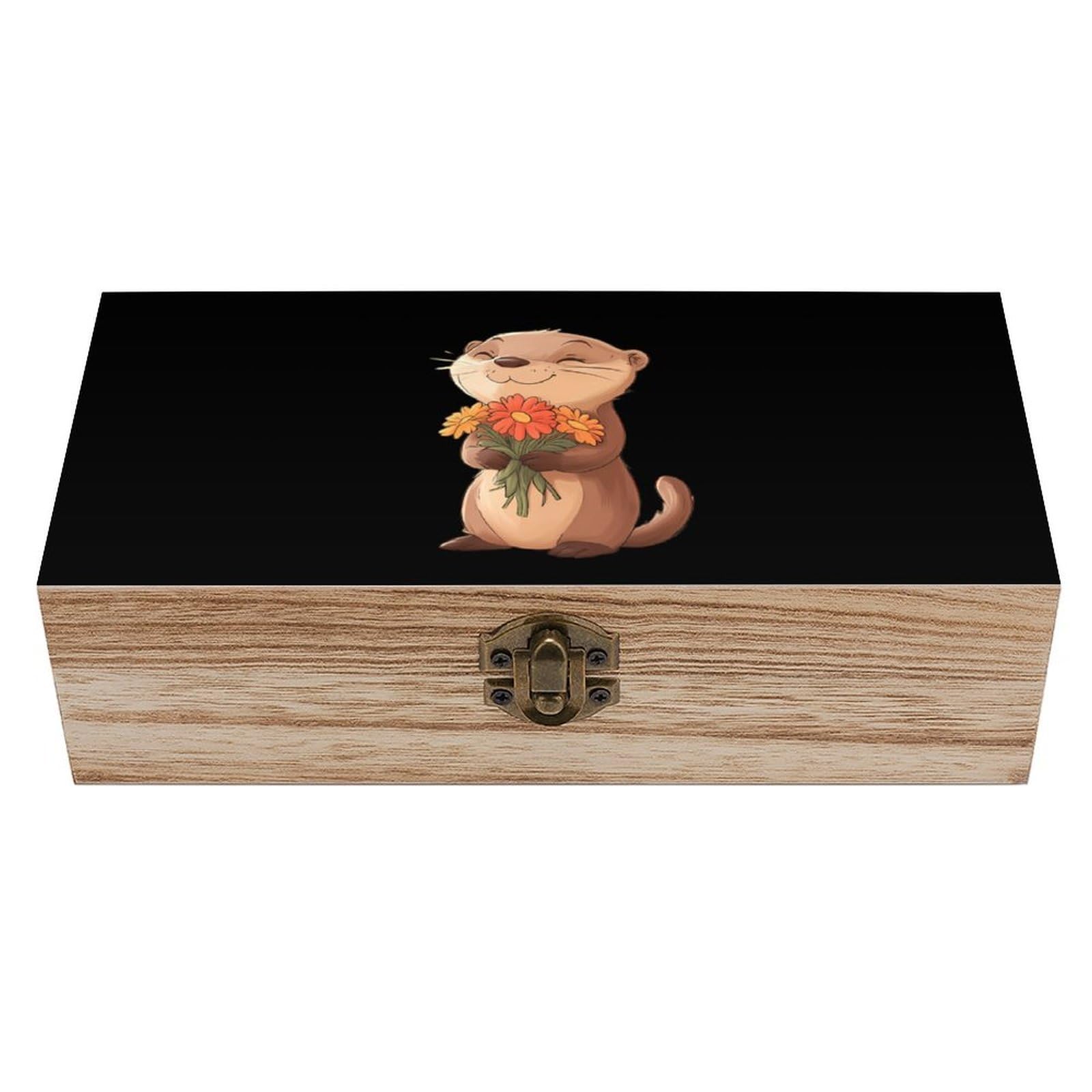 HLBSDM Cute Otter Holding Flower Wooden Storage Box with Front Clasp Vintage Keepsake Boxes for Jewelry Decorative Gift Ideas for Men Women