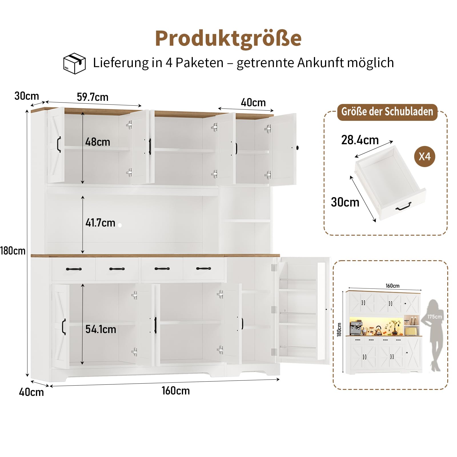 FUSOU Küchenschrank 180 cm LED Ladestation 4 Schubladen 6 Fächer – Vorratsschrank Landhausstil, Küchenschrank mit Arbeitsplatte Esszimmer verstellbare Böden Weiß