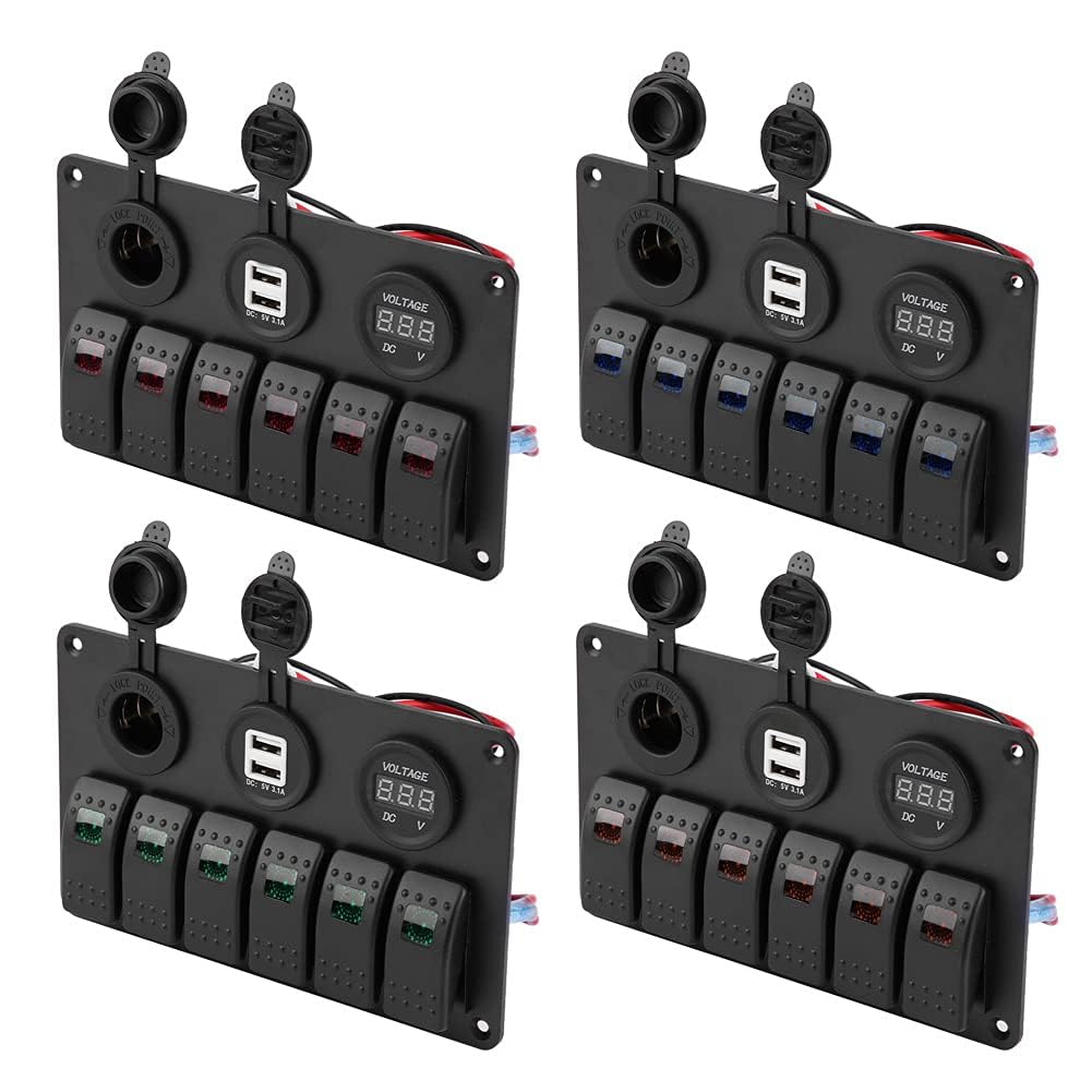 Pannello Interruttori, 12V 24V 6 Gang Car Boat Marine LED Rocker Switch Panel Dual USB Voltmetro Accendisigari(Rosso)