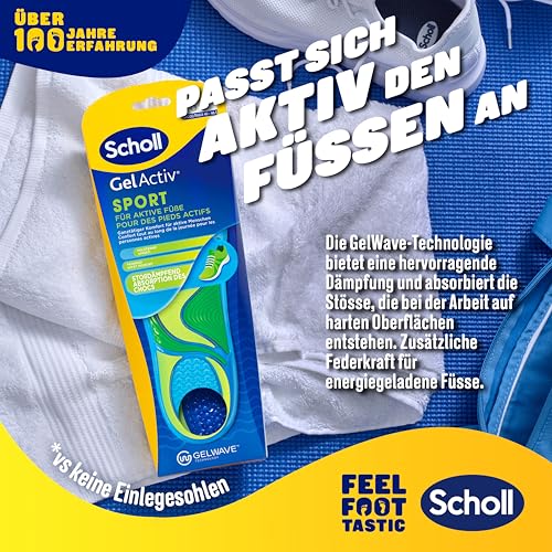 Scholl GelActiv Sport-Einlegesohlen für Männer, Ganztägig komfortable Laufschuheinlegesohlen für frische und kühle Füße, super Stoßdämpfung und Federung mit GelWave-Technologie, Größe 40 - 46,5