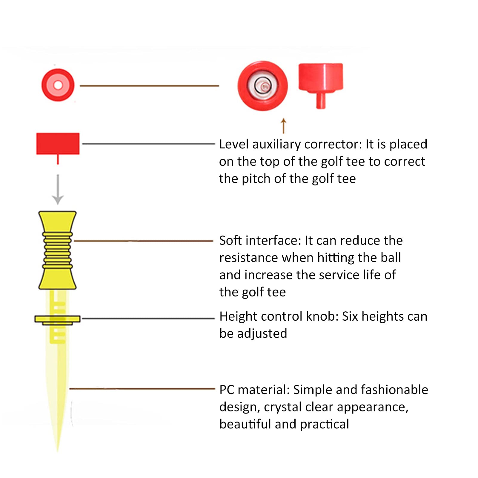 Golftees aus Kunststoff mit sechs einstellbaren Höhen 30 bis 45 mm rundes Plättchen 13 mm für Golfausbildung und Training