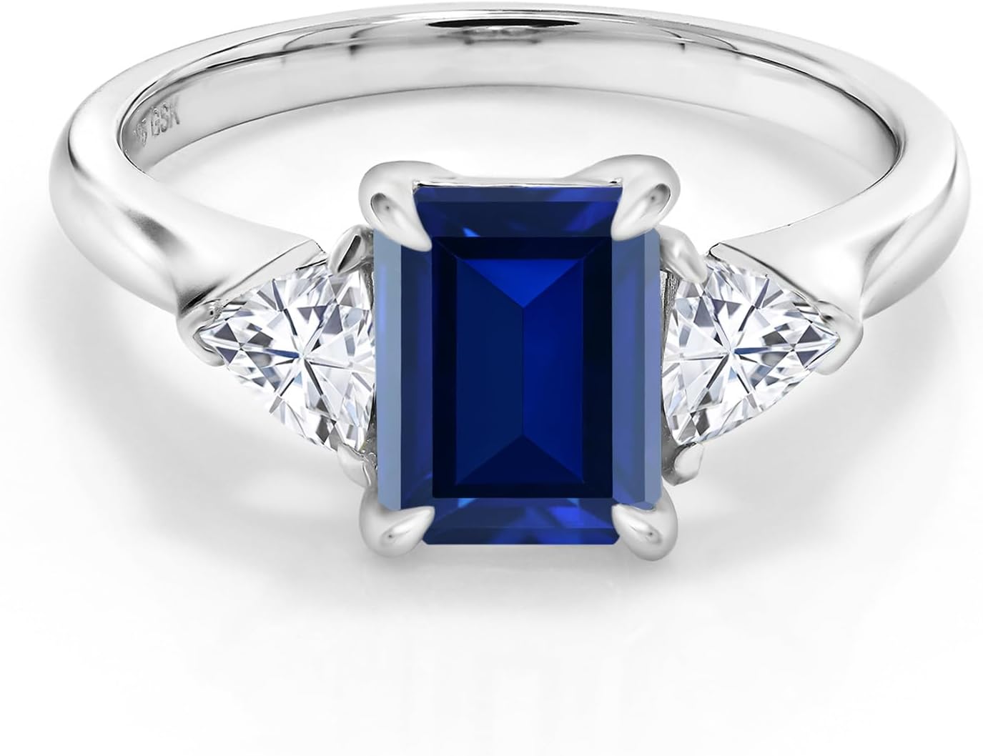 Gem Stone King 1.82 Cttw Blue Created Sapphire and Moissanite 3-Stone Ring For Women | 925 Silver | 8X6MM Emerald Cut | 3.5 Trillion | Wedding Engagement Anniversary Promise Ring For Women