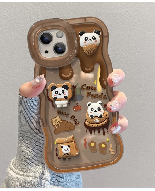 Image of COVERLY 3D Cute Creative Bear Panda Cartoon Chocolate Coffee Decor Wave Curly Edge Invisible Double Phone Stand Holder Happy Doll Cover Girly Charm Case for Apple iPhone 15 Pro Max (Brown)