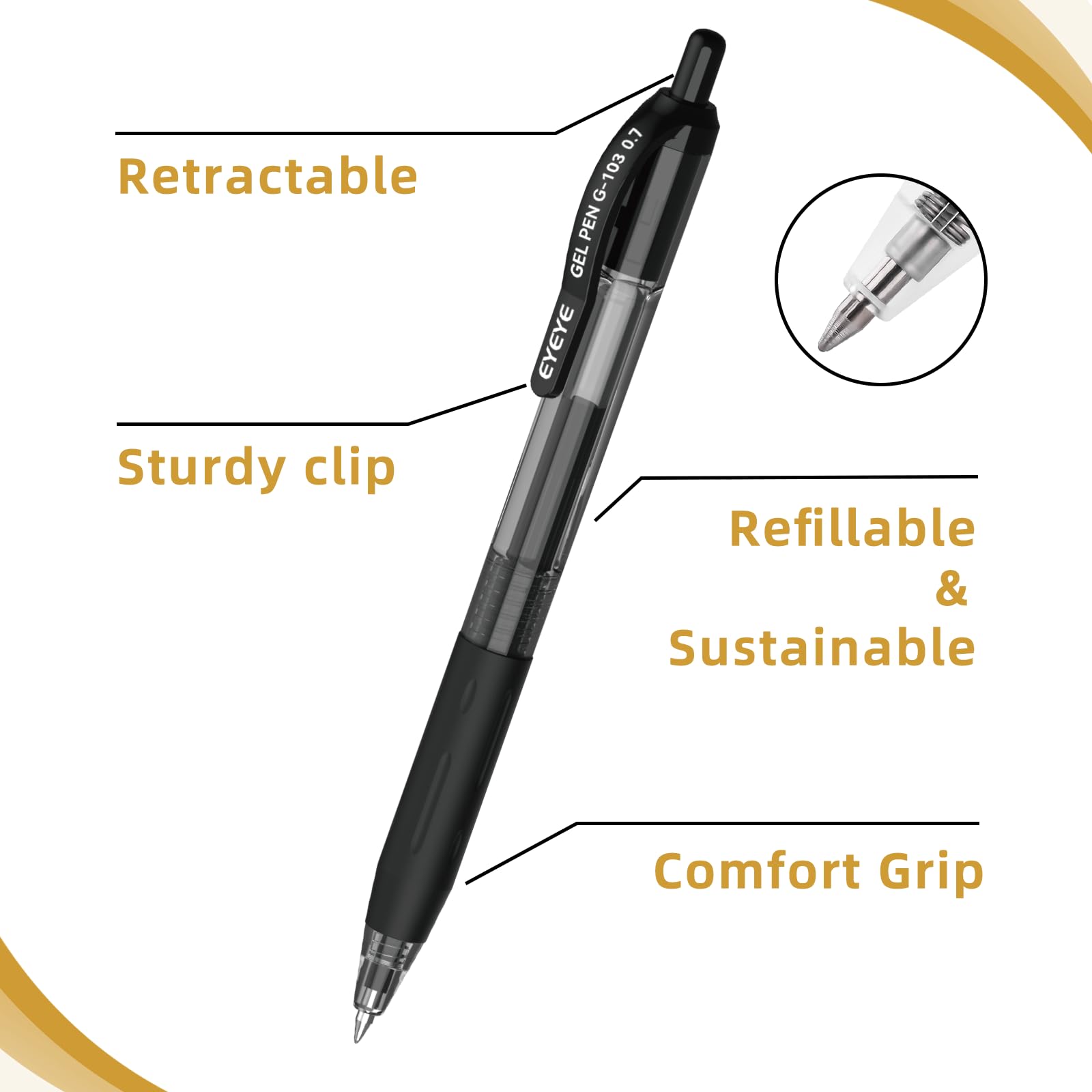 EYEYE G-103 Retractable Gel Pens Black 0 7mm 25 Pack Medium Point Gel Ink Pens Quick Drying 0 — view 3