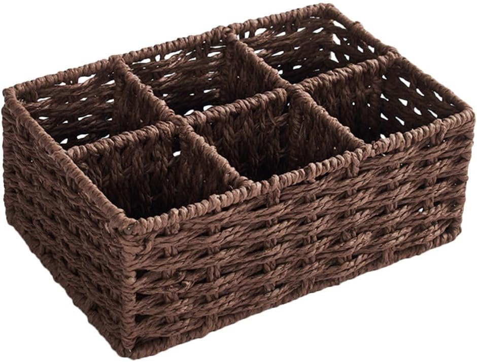 Rattan Storage Basket Wicker Divided Basket 6 Sections Bins Rustic Tea Bag Organizer for Organizing Kitchen Bathroom Office Desk Coffee