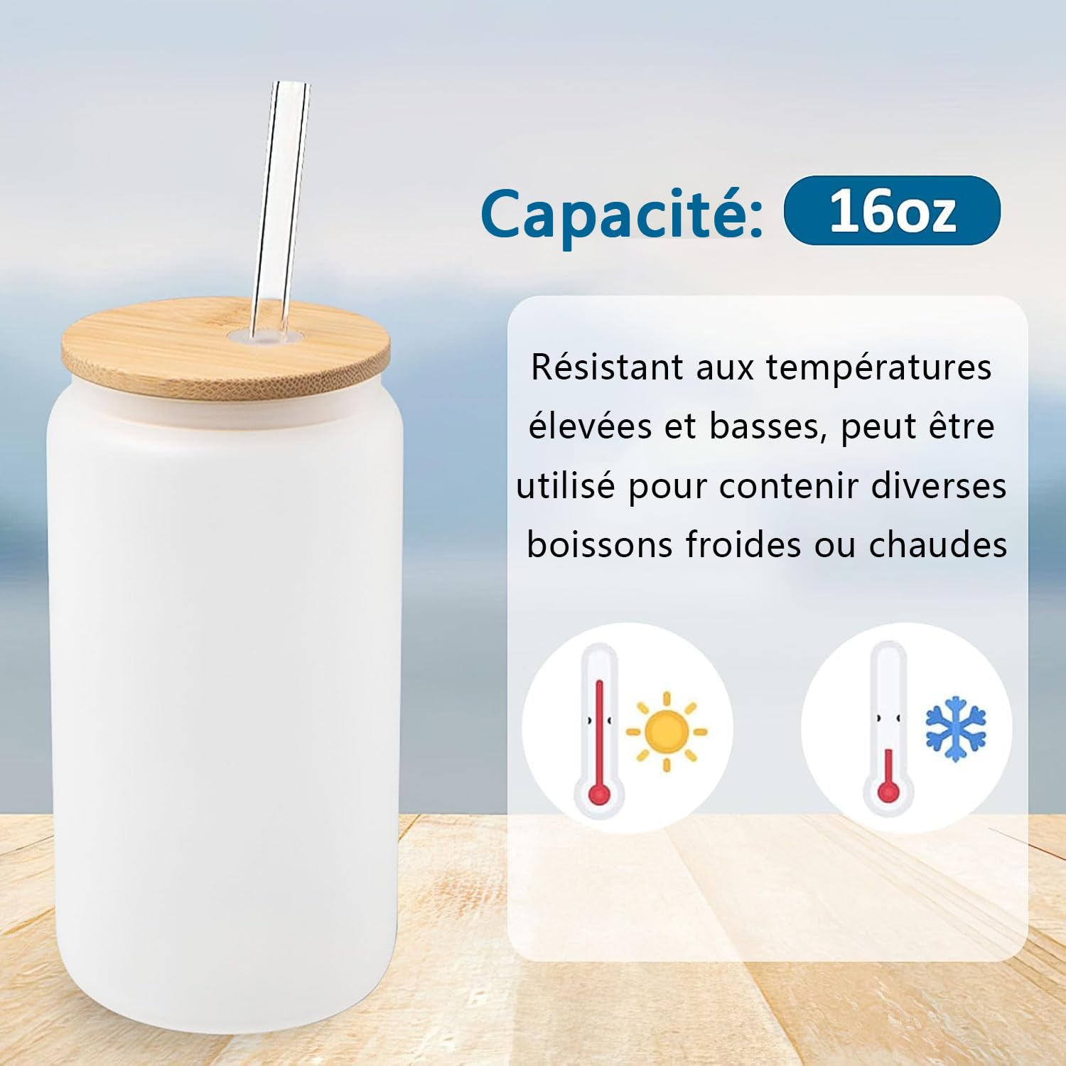 Lot de 12 Verres Givrés à Sublimation 16oz, Gobelets en Verre Borosilicate avec Couvercles en Bambou et Pailles, Blanks pour Bière, Jus, Soda, Café Glacé, Boissons