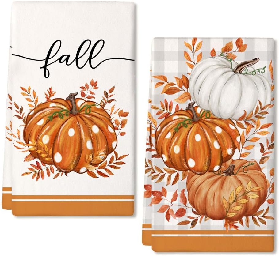 ARKENY Pumpkin Fall Kitchen Towels Set of 2 for Decor Orange Buffalo Plaid