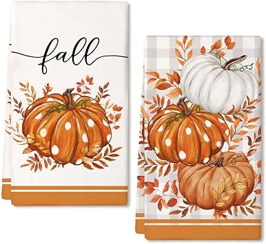 ARKENY Pumpkin Fall Kitchen Towels Set of 2 for Decor Orange Buffalo Plaid | 18x26 Inch,Ultra Absorbent Stripes Autumn Dish & Hand Towels,Thanksgiving Harvest Seasonal Home Farmhouse Decorations