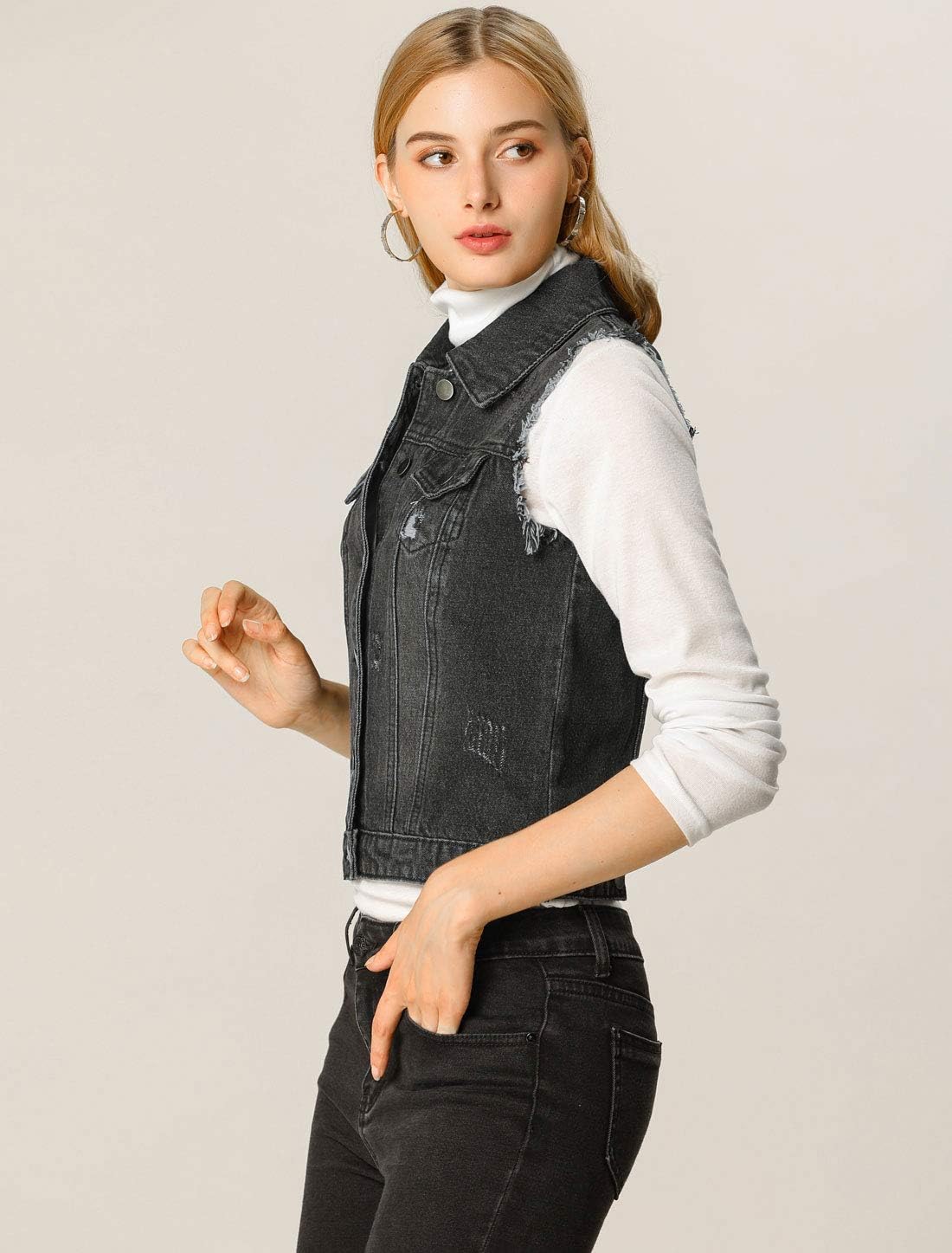 Allegra K Women Denim Vests Sleeveless Jacket Button Closure Western Washed Distressed Jean Vest - Image 6