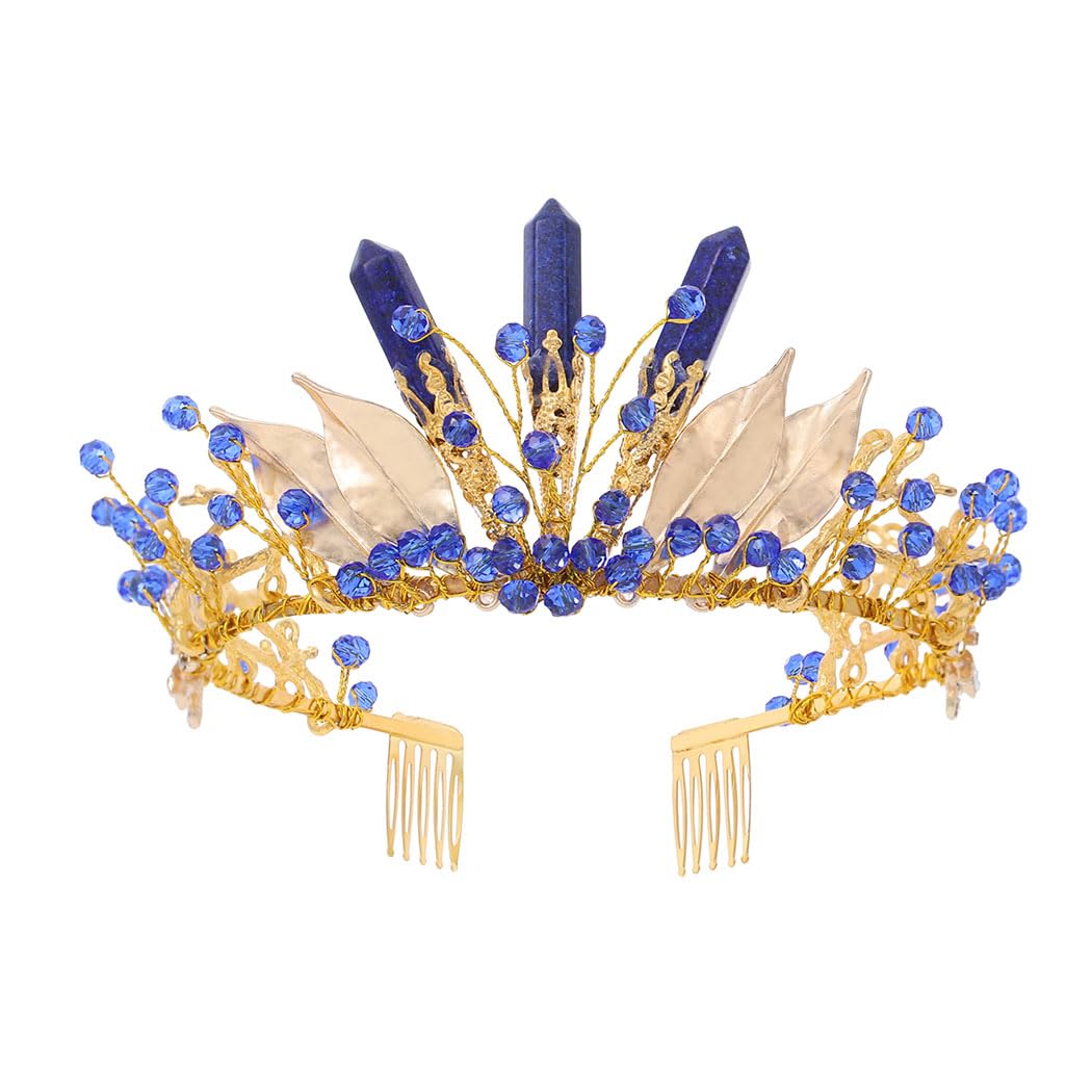 IYOU Cuarzo Reina Corona Azul Cristal Coronas Tiara Hoja Boda Novias Accesorios para el Cabello para Mujeres