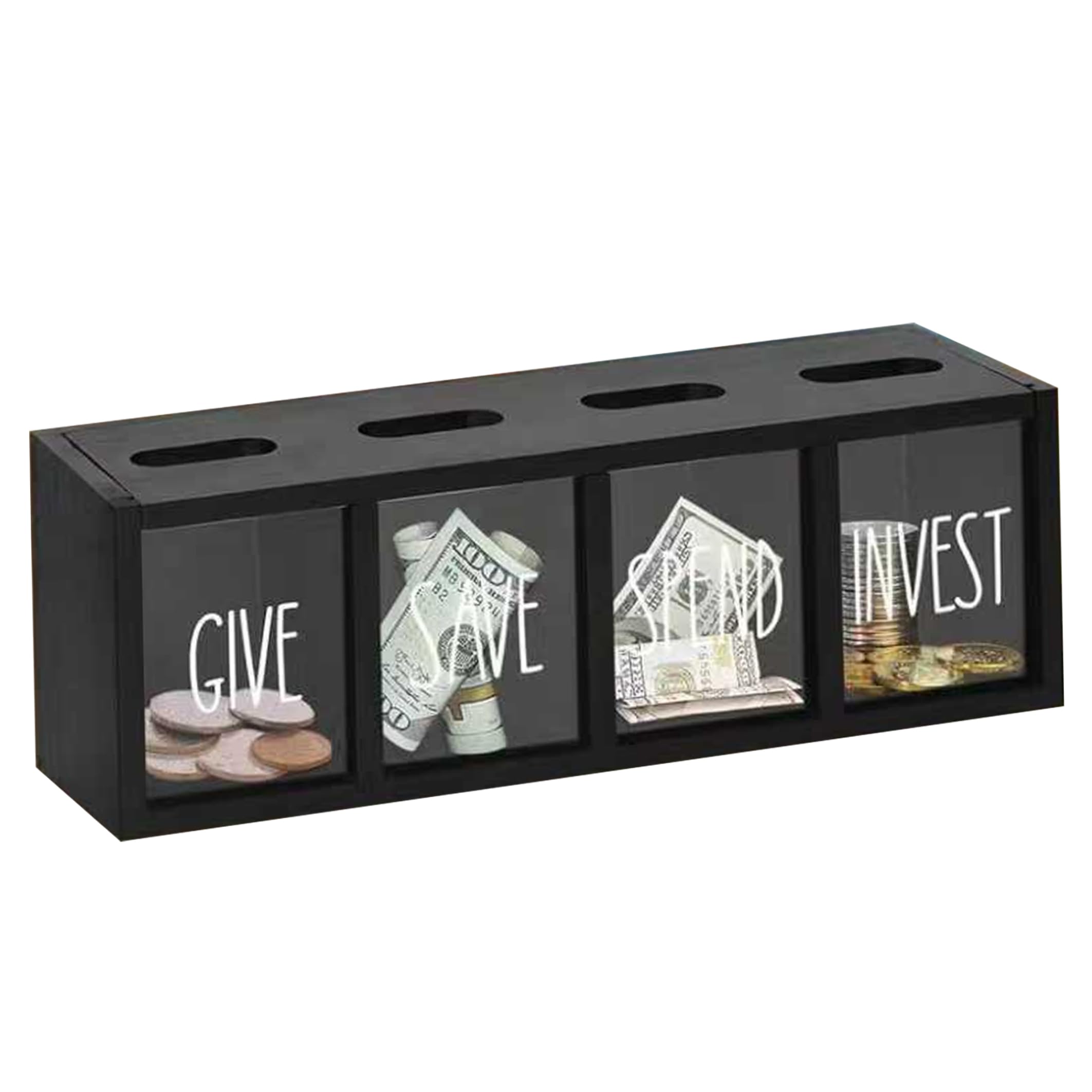 Bemonew Save Spend Give Bank For Kids, Wooden Piggy Bank With 4 Compartments, Transparent Wall-mount Savings Box with Magnetic Lid, Black